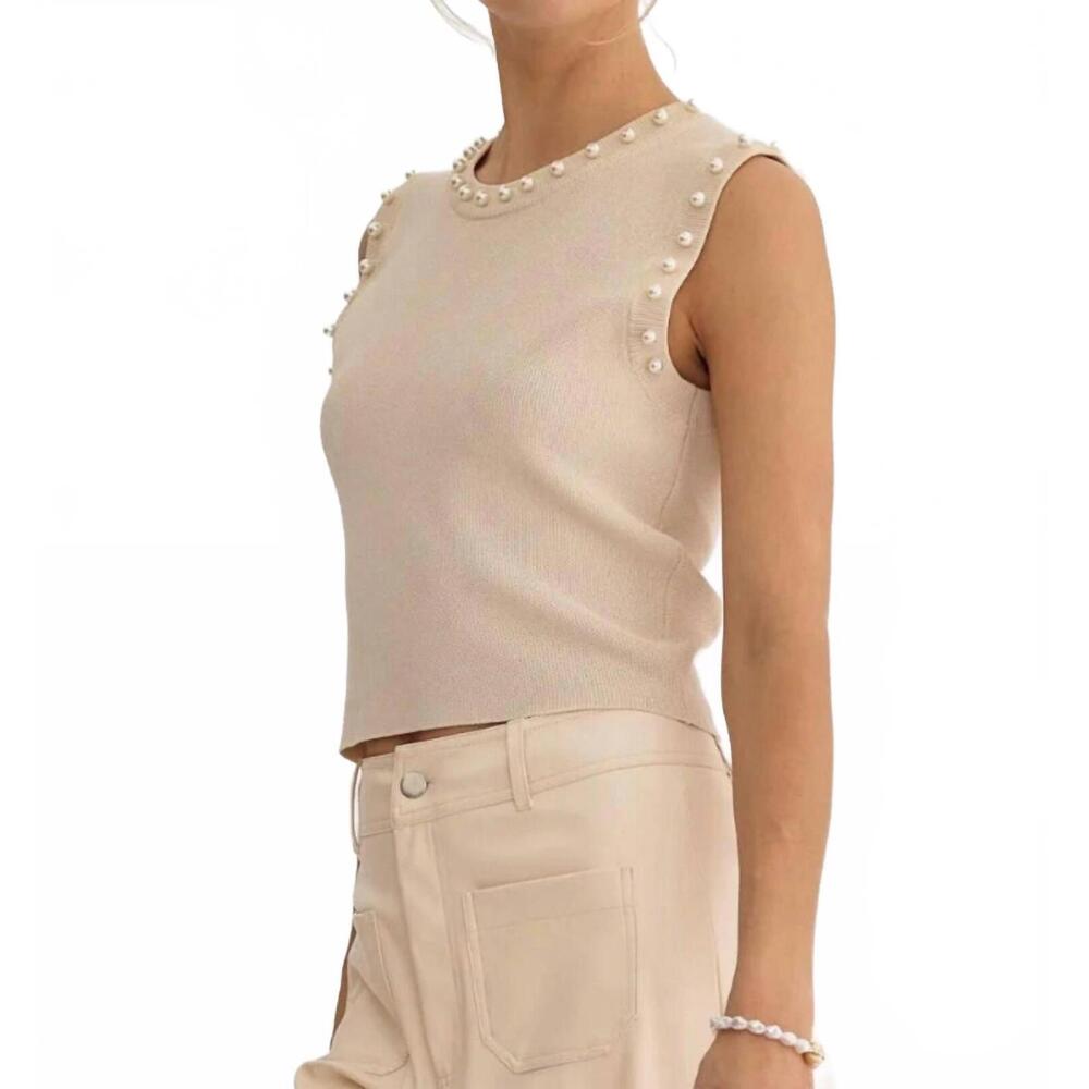 NEW ENTRO meghan pearl embellished sleeveless top in ecru - Picture 6 of 6